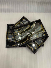 Luxury Black & Gold Marble Effect Serving Tray Set – 3 Pcs Nested Trays with Gold Handles