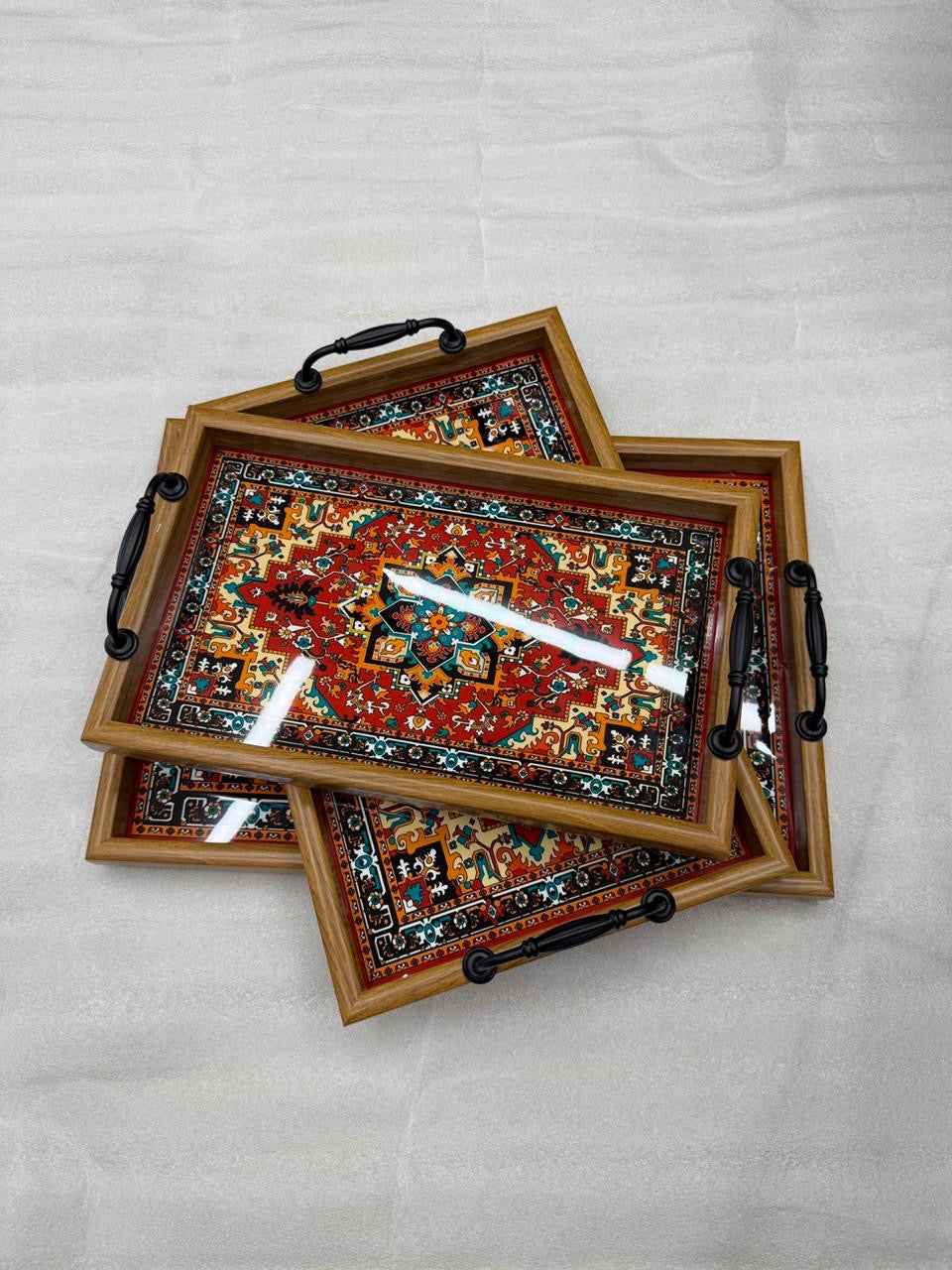 3-Piece Vintage Fiber Serving Tray Set with Ornate Carpet Design & Handles