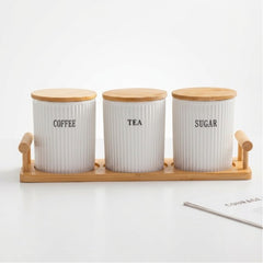 Ceramic Tea Coffee Sugar Jars Set with Tray