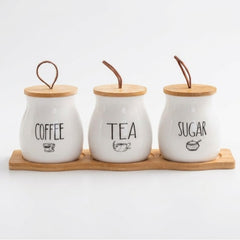Ceramic Tea Coffee Sugar Jars Set with Tray