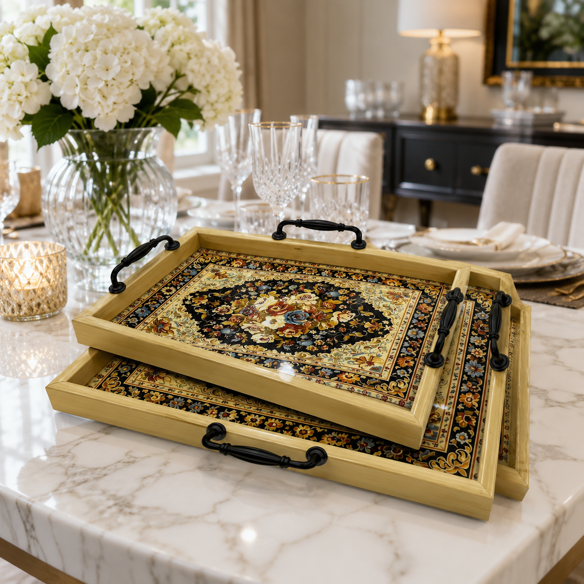 Vintage Persian light weight Carpet Pattern Serving Tray Set