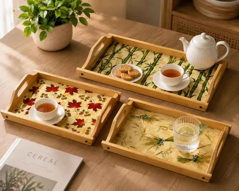 3Pcs Bamboo Serving Trays with Handles, Multipurpose Bamboo Serving Tray Set, Classic Bamboo Tray Collection, Bamboo Kitchen & Serving Tray Set