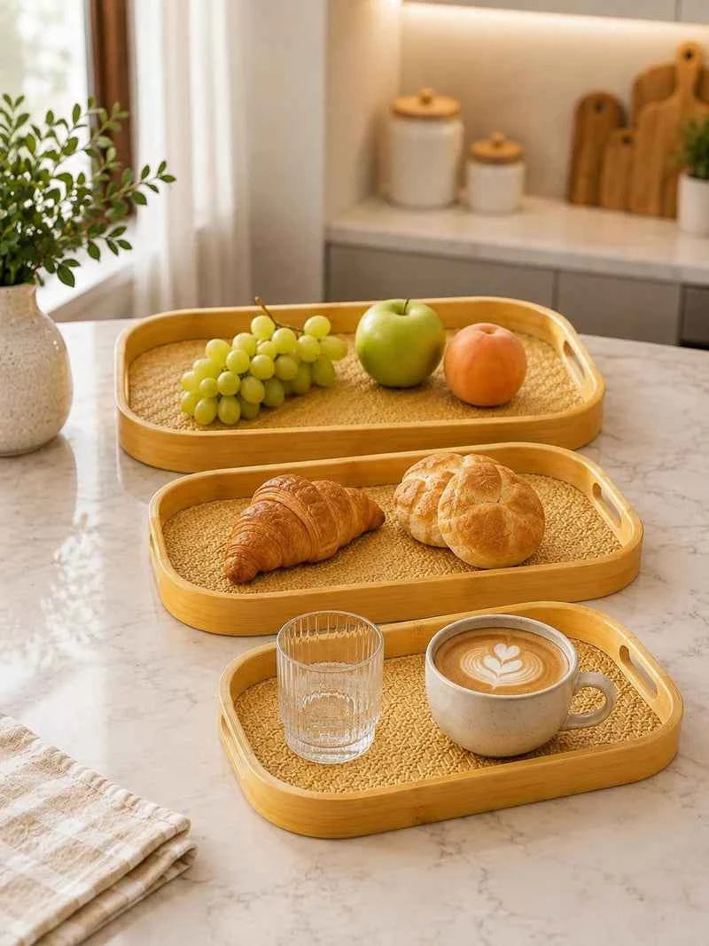 3pcs Bamboo Serving Tray Set, Bamboo Serving & Display Tray Set, Woven Design Bamboo Serving Trays, Natural Bamboo Breakfast & Serving Tray Set