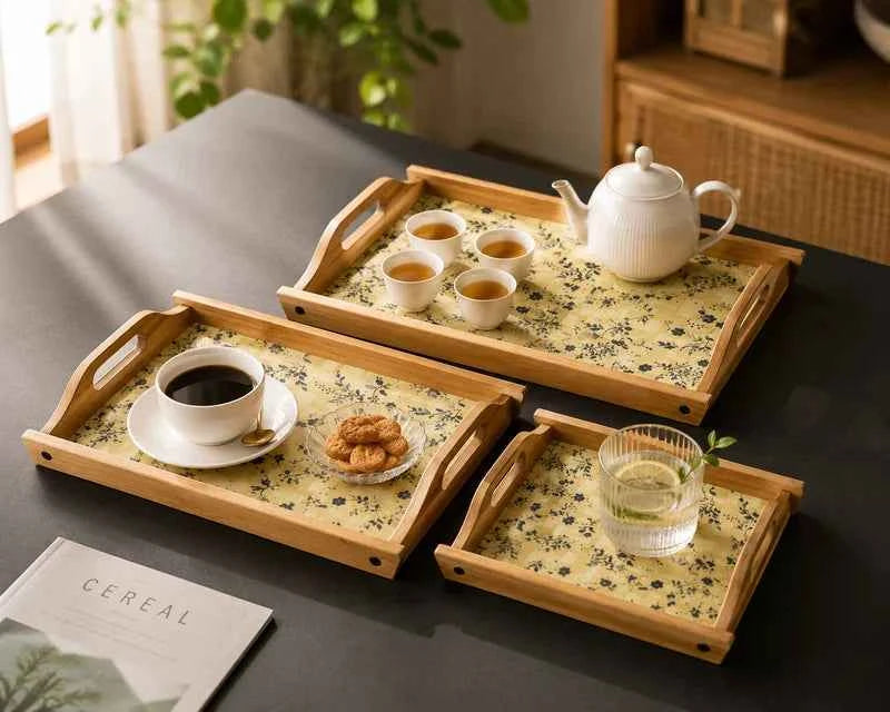 3Pcs Bamboo Serving Trays with Handles, Multipurpose Bamboo Serving Tray Set, Classic Bamboo Tray Collection, Bamboo Kitchen & Serving Tray Set