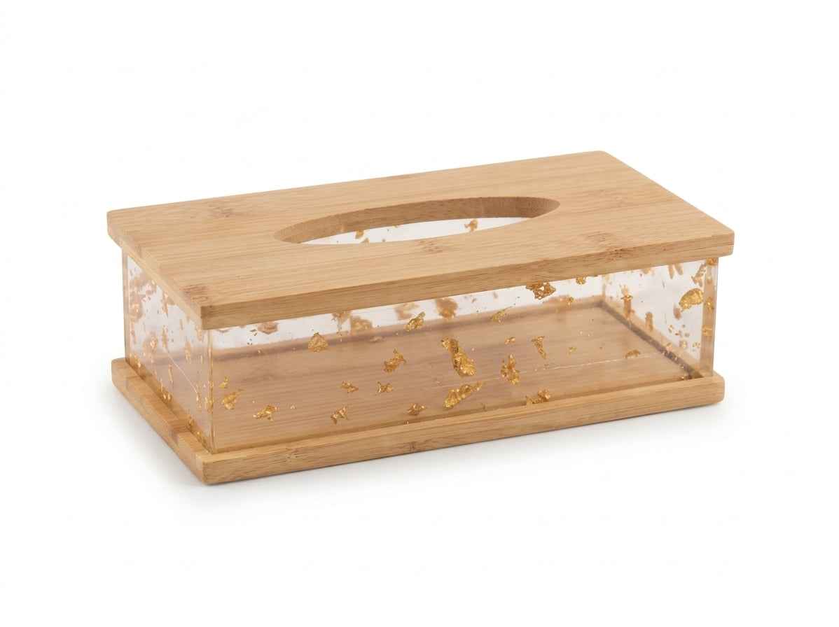 Wooden Tissue Box with Gold Flake Resin Panel