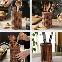 Hand-Woven Rattan Utensil Holder & Cutlery Caddy – Decorative Wicker Spoon Stand, Pen Organizer & Makeup Brush Holder (Round)
