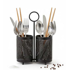 Industrial 2-Compartment Matte Black Metal Cutlery Holder