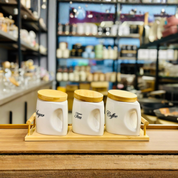 3-Piece Ceramic Tea, Coffee & Sugar Storage Jar Set with Wooden Tray & Bamboo Lids