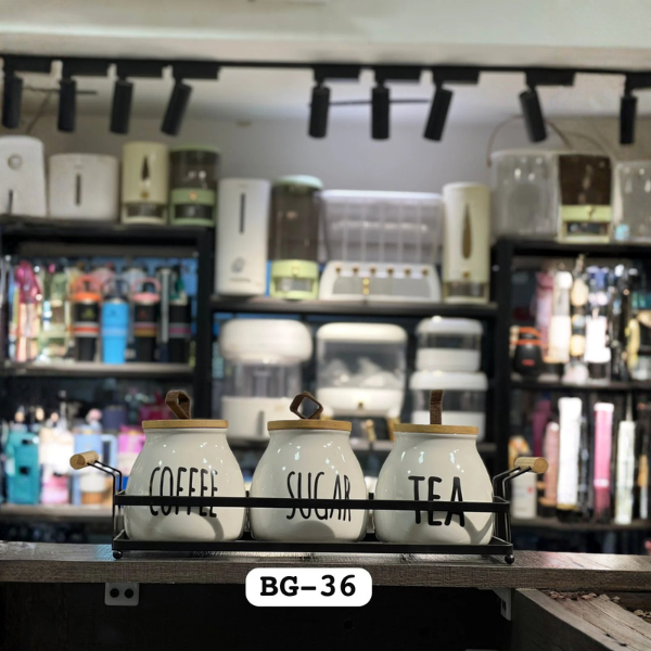Premium Ceramic Tea, Coffee & Sugar Canister Set with Wooden Lids & Metal Storage Tray