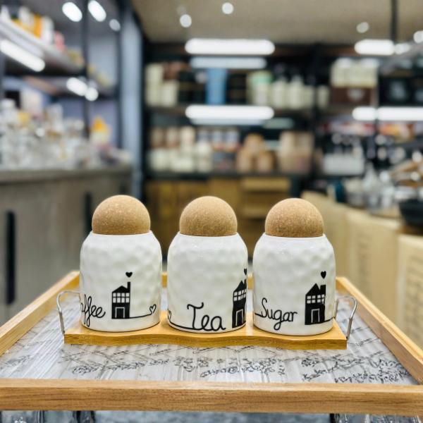 3-Piece Premium Ceramic Tea, Coffee & Sugar Storage Jar Set with Cork Lids & Bamboo Tray