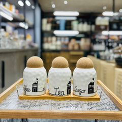 3-Piece Premium Ceramic Tea, Coffee & Sugar Storage Jar Set with Cork Lids & Bamboo Tray