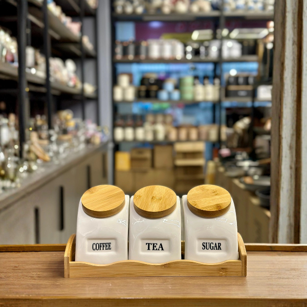 3-Piece Ceramic Tea, Coffee & Sugar Storage Jar Set with Bamboo Stand & Airtight Wooden Lids