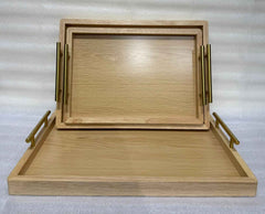 Rectangular Wooden Serving Trays Set with Gold Handles