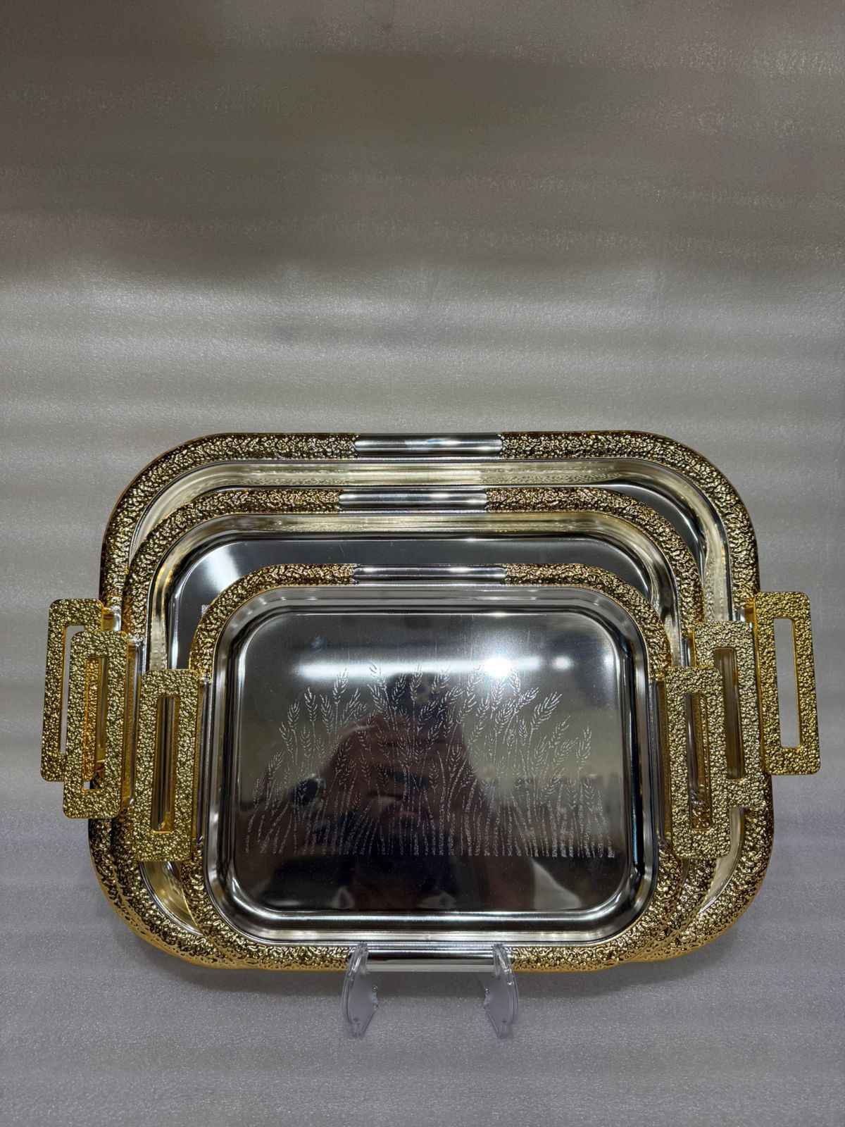 3-Piece Stainless Steel Serving Tray Set with Gold Handles