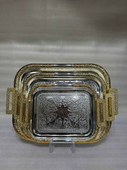 Nesting Metallic Platters with Textured Gold Border and Engraved Star Pattern for Parties and Coffee Table