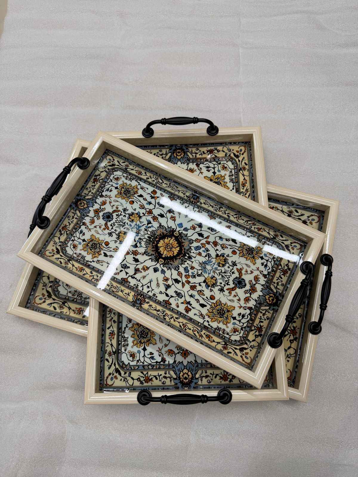 3-Piece Light Wood Style Nested Trays with Glass Top & Black Handles