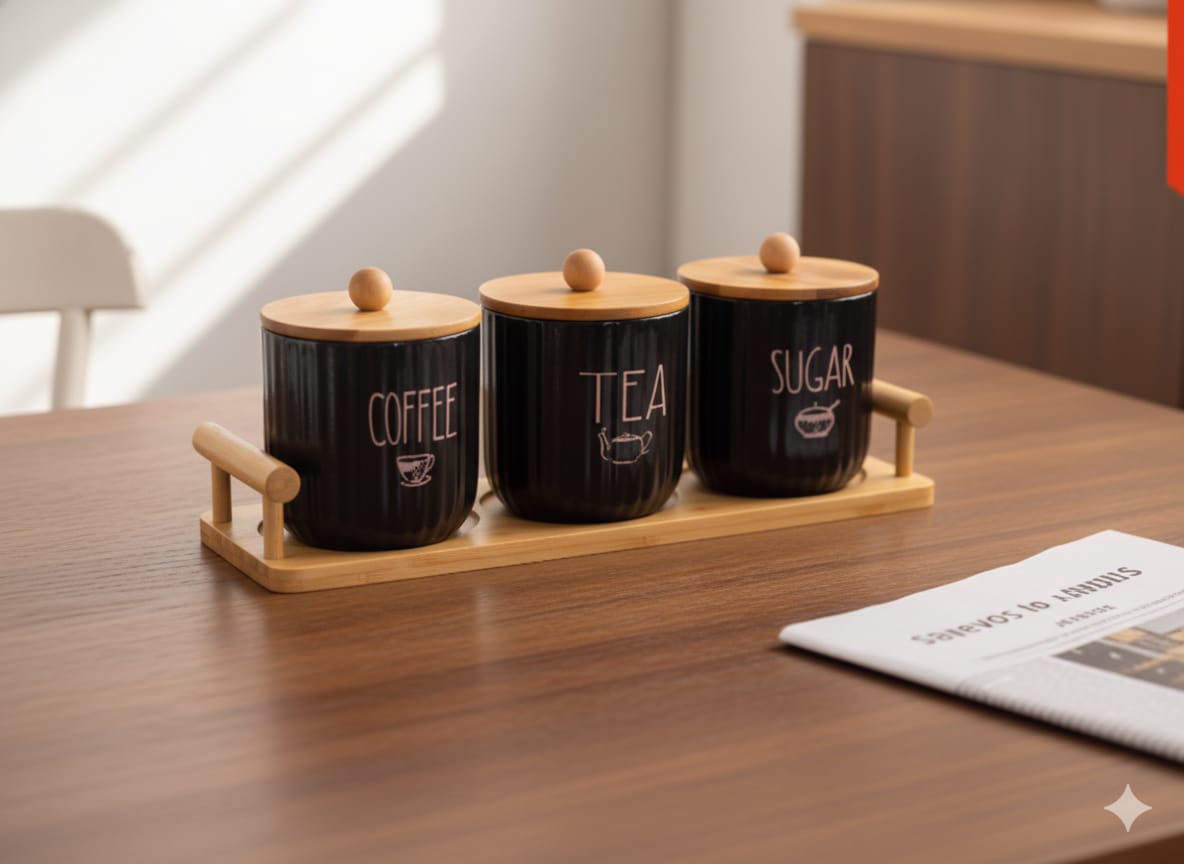 Premium 3-Piece Coffee, Tea & Sugar Jar Set with Wooden Tray