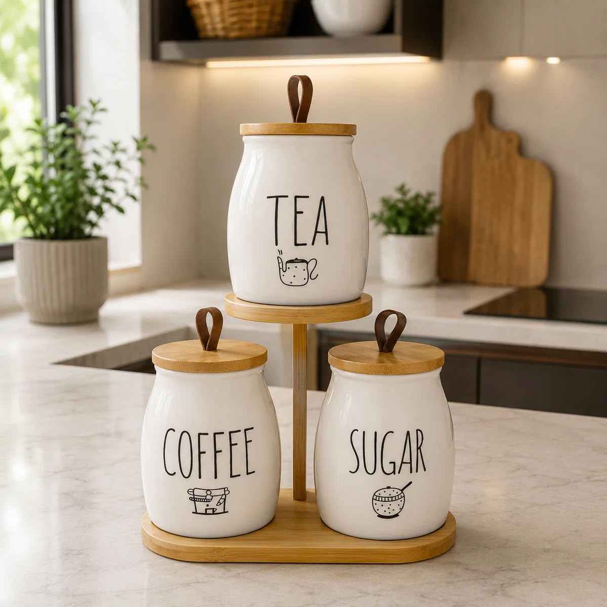 3-Piece Ceramic Tea, Coffee & Sugar Storage Canister Set with Bamboo Stand & Airtight Lids