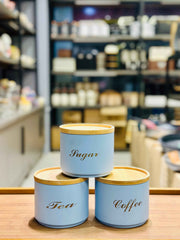 3-Piece Premium Metal Tea, Coffee & Sugar Storage Canister Set with Bamboo Lids – Available in White, Black & Blue