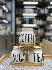 3-Piece Ceramic Coffee, Tea & Sugar Canister Set with Bamboo Stand & Wooden Lids