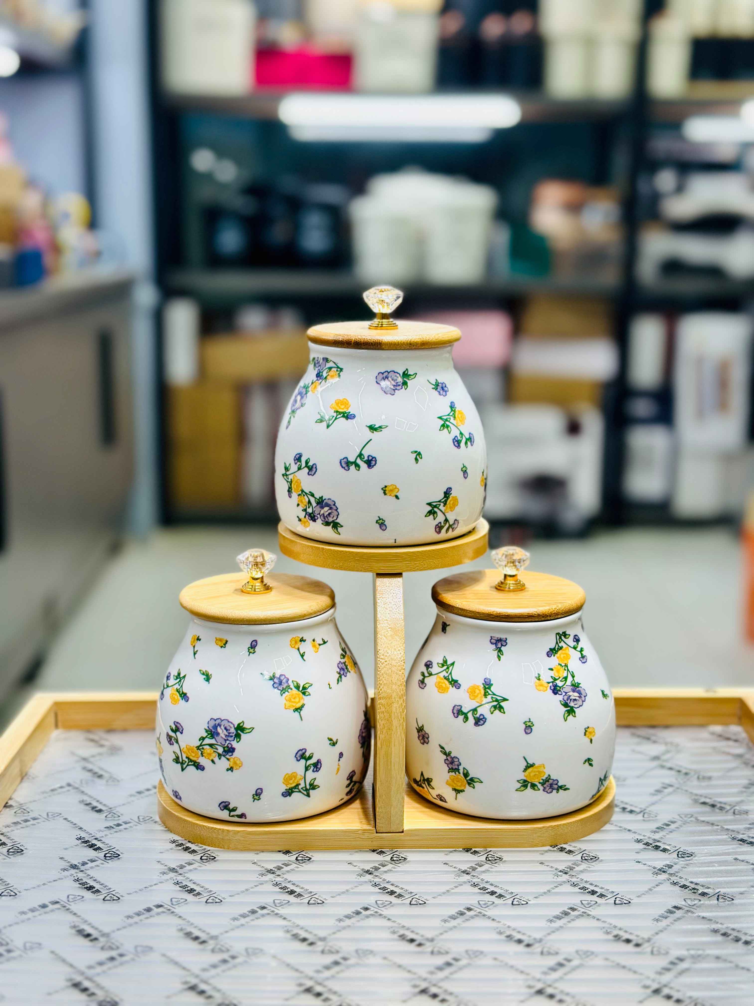 Luxury 3-Piece Floral Ceramic Storage Canister Set with Bamboo Stand & Crystal Lid Handles