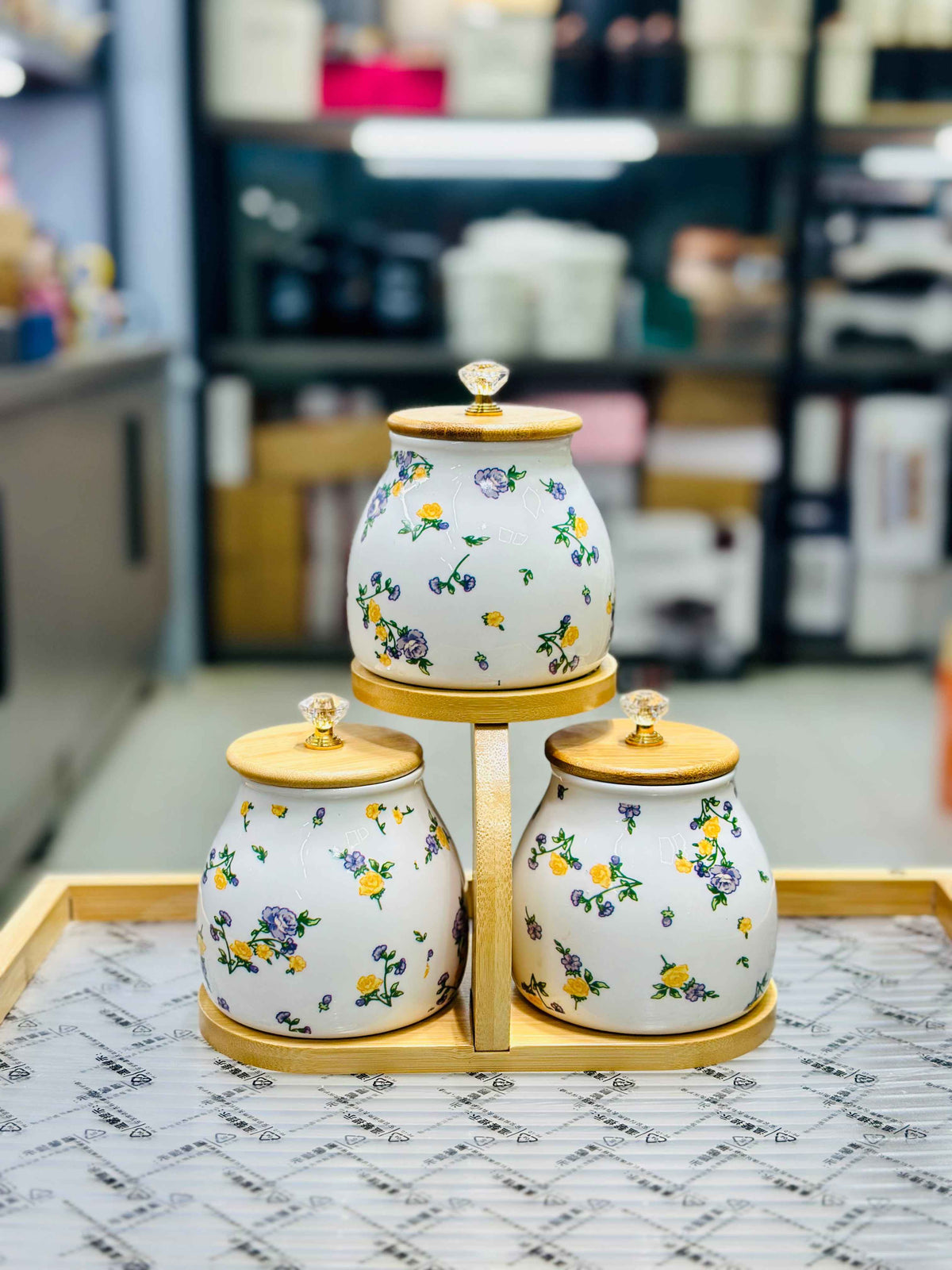 Luxury 3-Piece Floral Ceramic Storage Canister Set with Bamboo Stand & Crystal Lid Handles