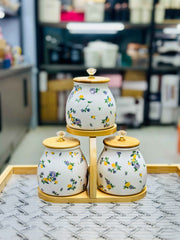 Luxury 3-Piece Floral Ceramic Storage Canister Set with Bamboo Stand & Crystal Lid Handles