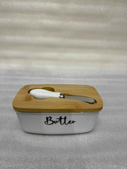 Premium Ceramic Butter Keeper with Bamboo Lid & Butter Spreader Knife