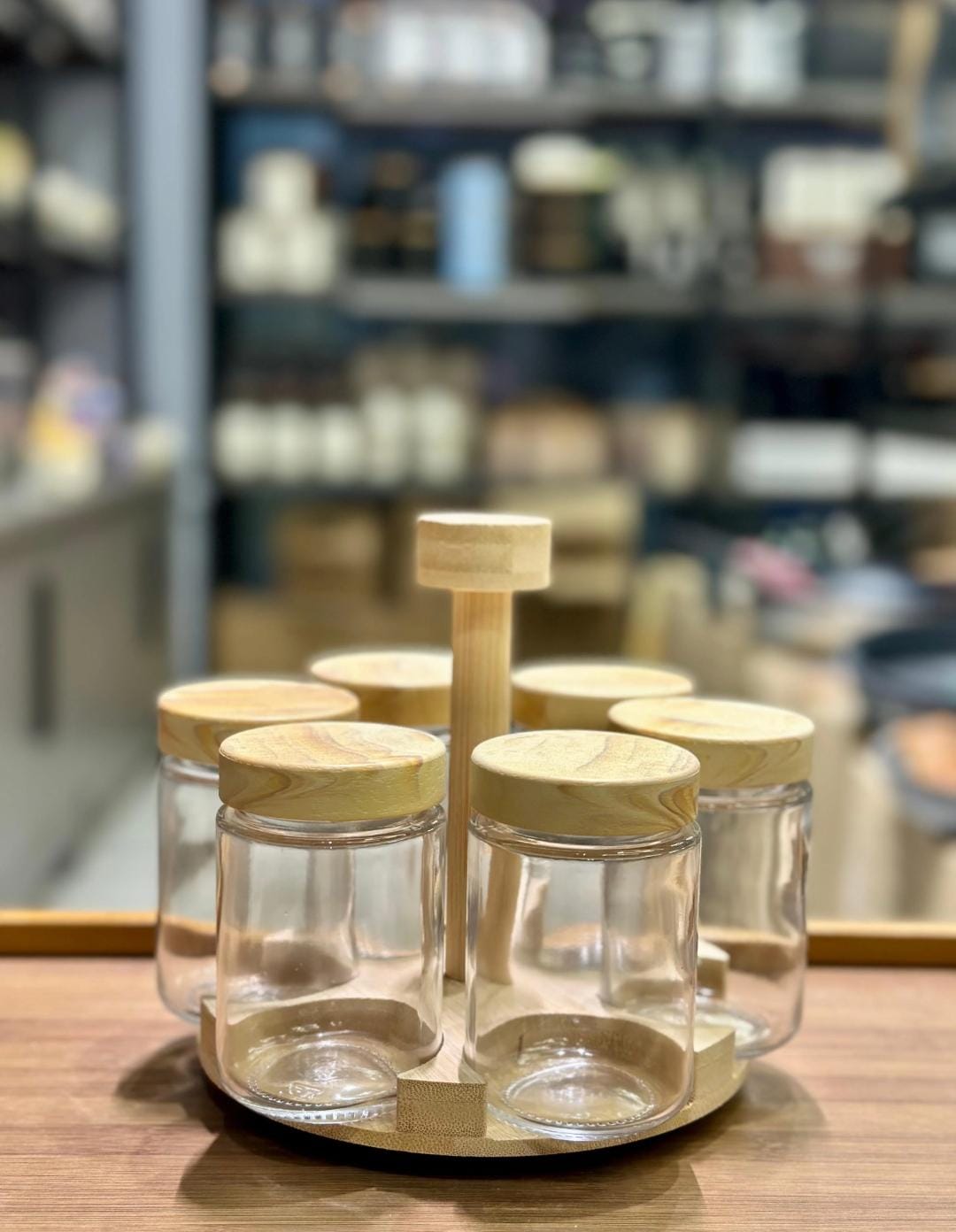 Rotating Glass Spice Jar Organizer with Wooden Lids – 6 Jar Set