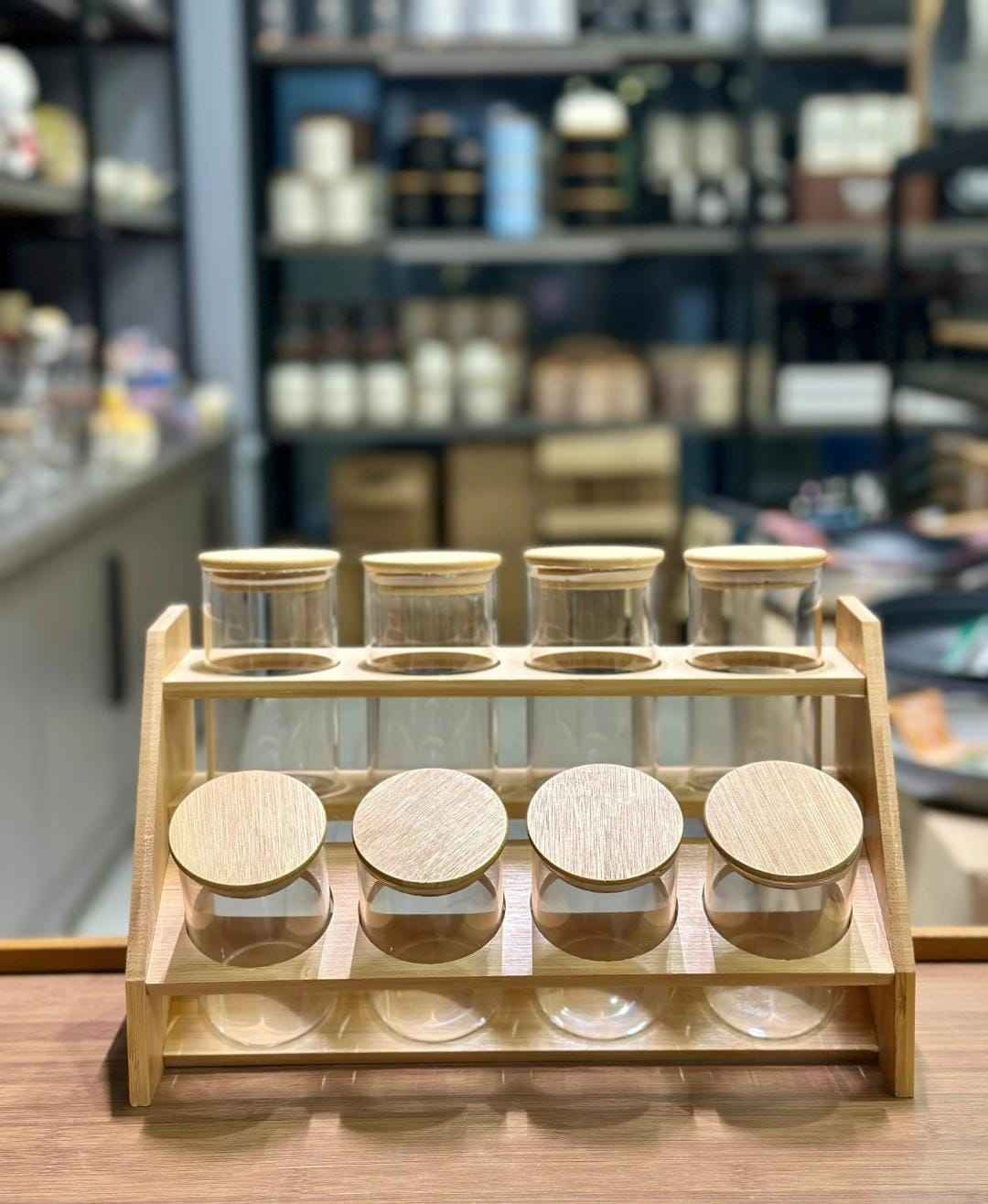 Bamboo Spice Rack Organizer with 8 Glass Jars & Wooden Lids