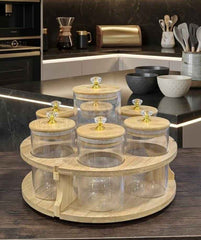 Wooden Rotating Kitchen Storage Organizer with Glass Jars