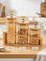 Premium Wooden Storage Jar Set with Golden Deer Handles