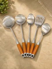 Steel Kitchen Utensil Set (5 Pcs) -  Wood Handle
