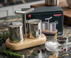 Steel Salt & Pepper Set with Wooden Base