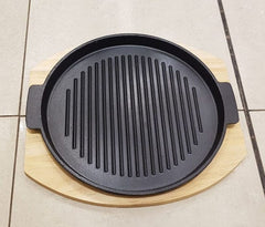 Cast Iron Round Sizzler Plate with Handles & Wooden Base