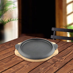 Cast Iron Round Sizzler Plate with Ear Handles & Wooden Base