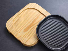 Cast Iron Square Grill Plate with Wooden Serving Tray