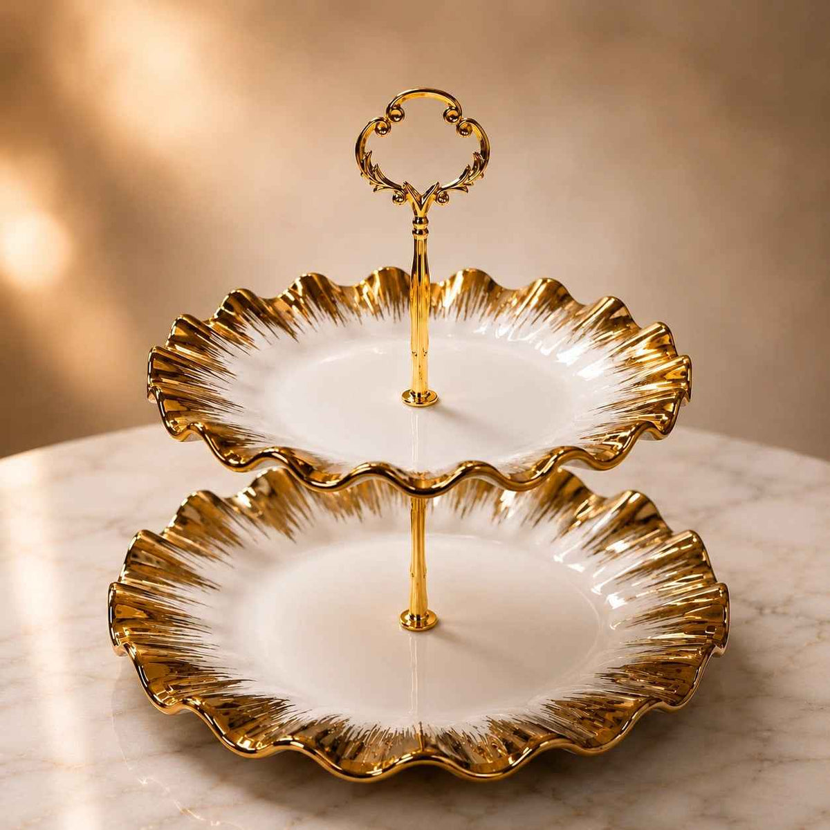 Ceramic Gold-Rim Scalloped 2-Tier Serving Stand