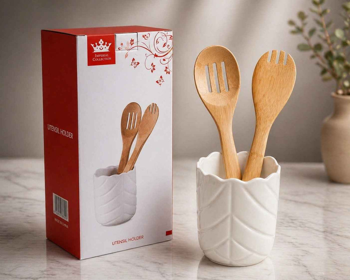 Imperial Collection Leaf-Textured Ceramic Utensil Holder with Wooden Spoons