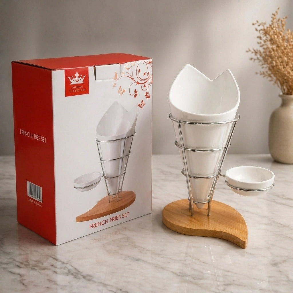 Imperial Collection Ceramic French Fries Cone Set with Dip Bowl