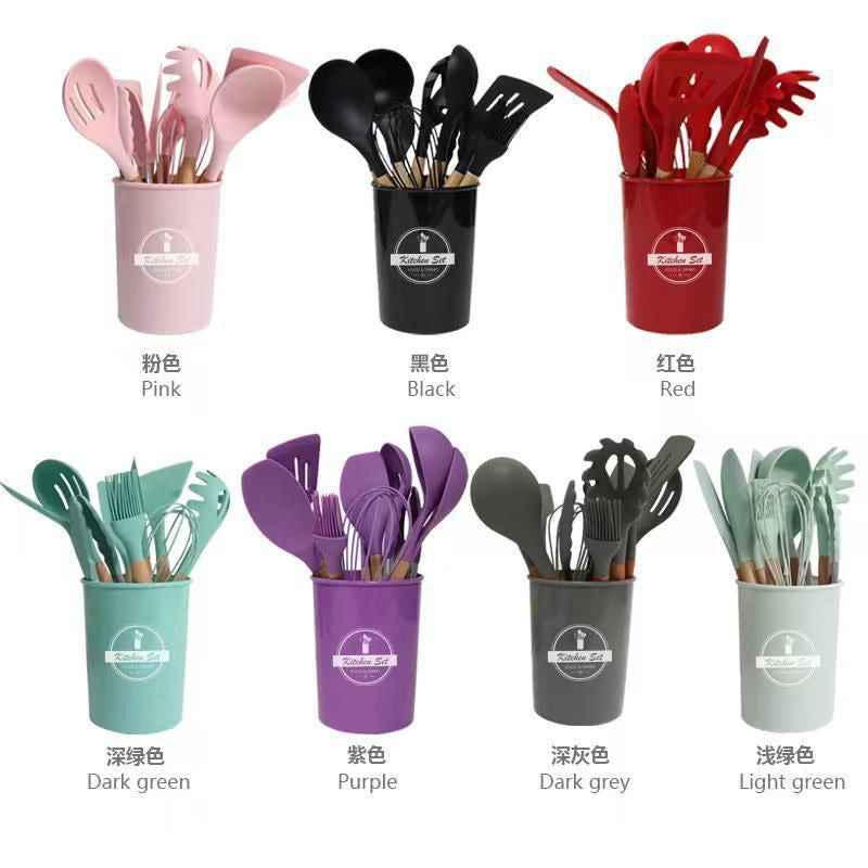 Silicone Cooking Utensil Set with Wooden Handles & Holder