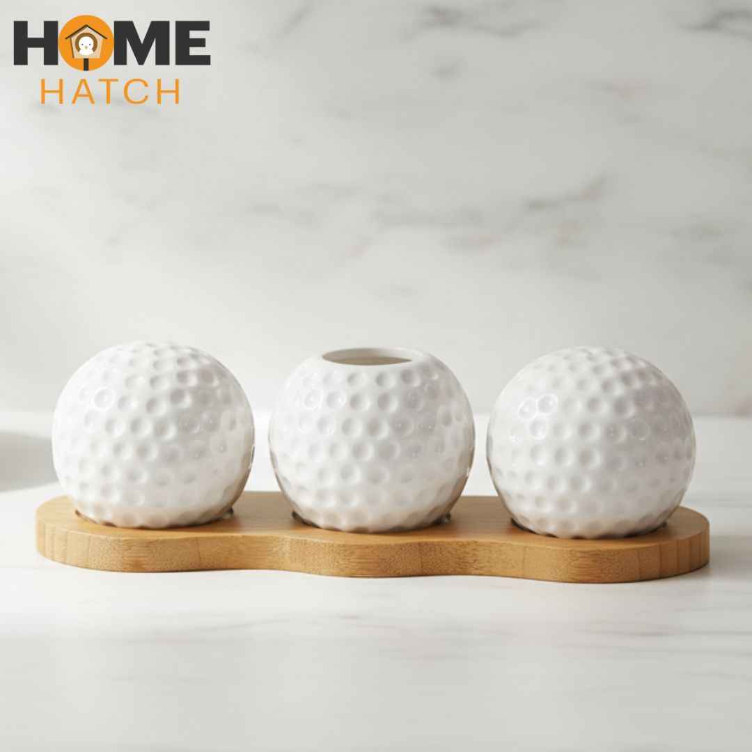Home Hatch Ceramic Golf Ball Toothpick/Holder Set (3pc) on Bamboo Tray