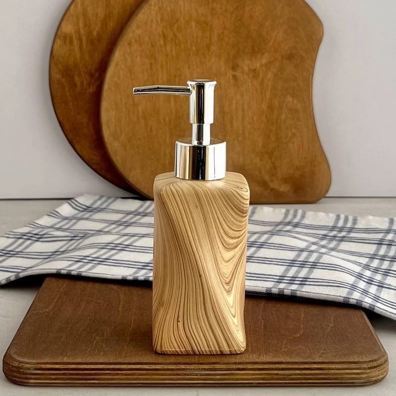 Ceramic Wood-Textured Soap Dispenser with Silver Pump