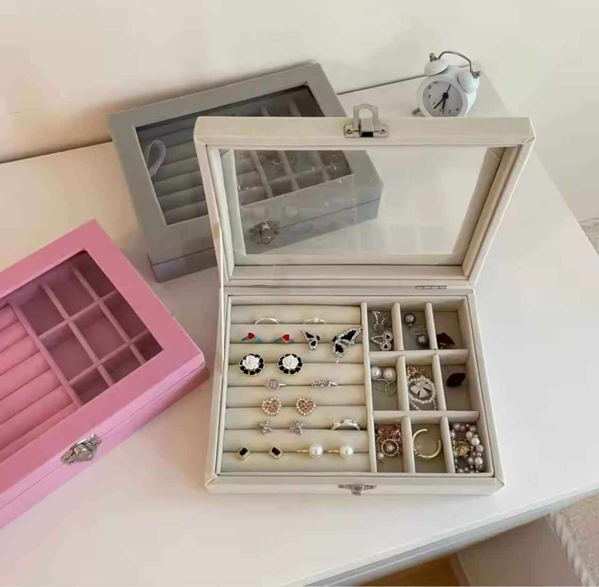 Leather Jewelry Box with Glass Lid and Ring/Earring Compartments