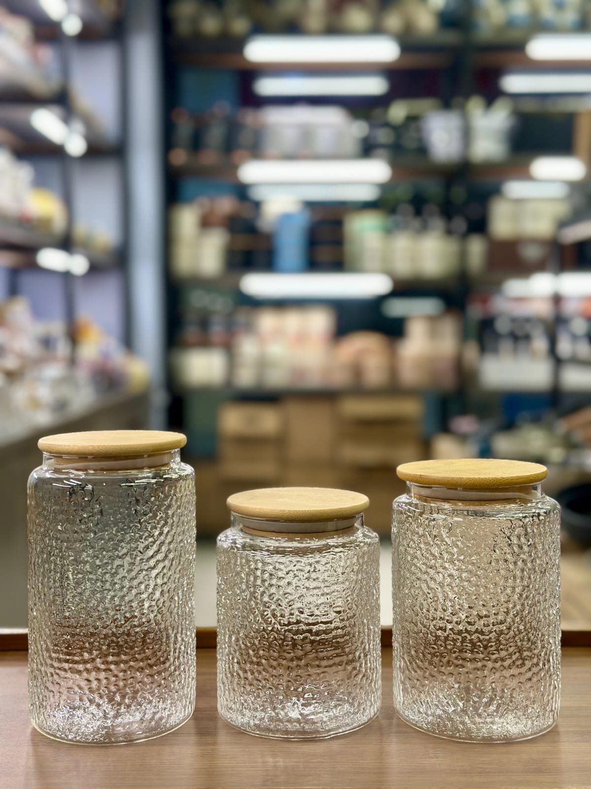 Textured Glass Storage Jar with Bamboo Lid (3 Sizes)
