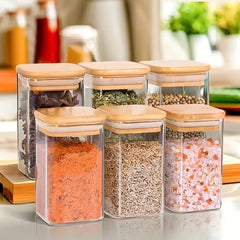 Square Glass Spice Storage Jar Set with Bamboo Lid (6 Pcs)