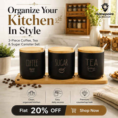 3-Piece Black Matte Coffee, Tea & Sugar Canister Set with Bamboo Lids, Spoons & Serving Tray – Farmhouse Kitchen Counter Organizer
