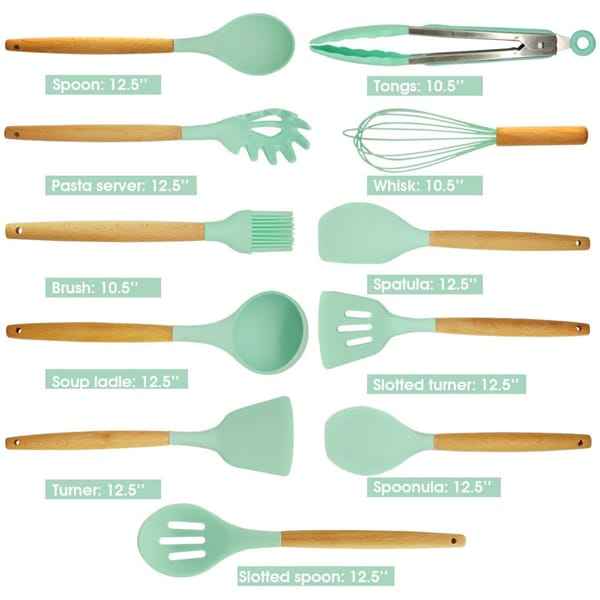 Silicone Cooking Utensil Set with Wooden Handles & Holder