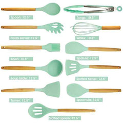 Silicone Cooking Utensil Set with Wooden Handles & Holder