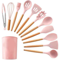 Silicone Cooking Utensil Set with Wooden Handles & Holder